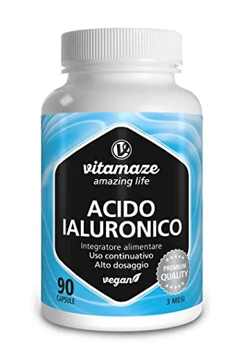 Vitamaze® Acido Ialuronico Puro ad Alto Dosaggio 300 mg per Capsula Vegan, 90 Capsule per 3 Mesi, Elevata Biodisponibilità: Micromolecolare 500-700 kDa, Integratore Alimentare senza Additivi