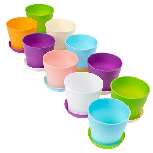 Set di 10 vasi per Piante in plastica, Colori Pastello Assortiti da 10 cm - Include vaschette di Raccolta/piattini Separati con Fori di drenaggio - Ideale per Piante da Interno e da Esterno