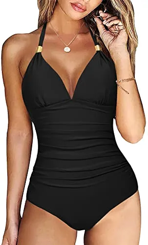 Vancavoo Costume Nero Intero Donna Costumi da Bagno Controllo Pancia Monokini Scollo a V Spalline Regolabile Backless Retro Beachwear 1 Pezzi Swimsuit Spiaggia Estate,Nero,S