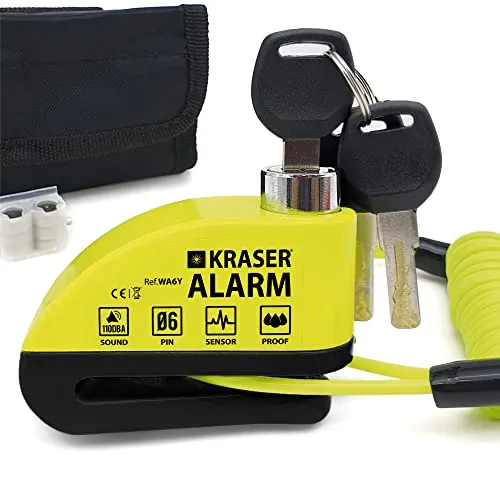 KRASER WA6Y Bloccadisco Moto Allarme 110dB, Rinforzato Impermeabile, Lucchetto Moto Antifurto Sonoro, Blocca Disco Motorino, Scooter Bicicletta Elettrica, Accessori Reminder 1.5m Cavo Promemoria Borsa