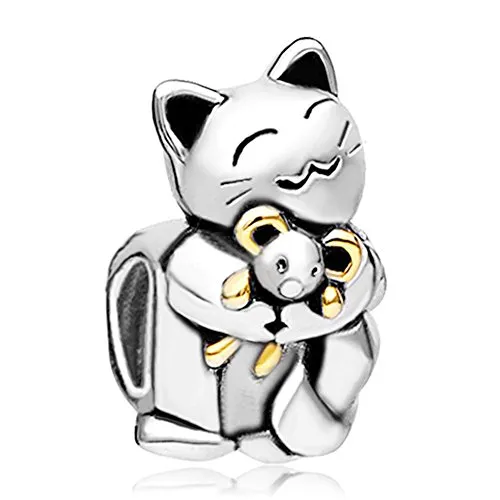 Uniqueen gioielli, charm sferico a forma di gatto sorridente che abbraccia un topo, Base, cod. UQ_DPC1827