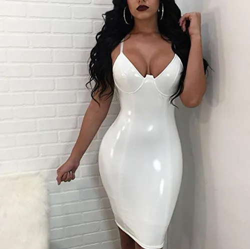 SHANGLY Donne Discoteche Sexy Vestito Latex Catsuit Indossa Il Collo A V Profondo Colore Metallico Ecopelle Wetlook Vestito,White,S