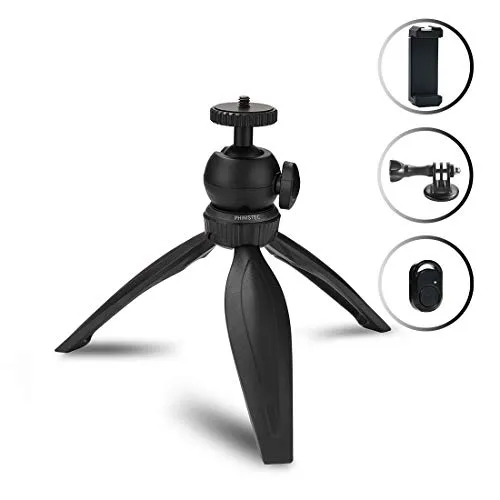 Phinistec Mini Treppiede da Tavolo per Cellulare, iPhone, Telefono, Fotocamera, Mini Proiettore, Gopro con Supporto Smartphone e Adattatore Gopro per Foto e Video (Nero)