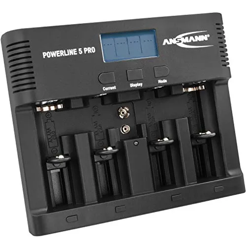 ANSMANN Caricabatterie Powerline 5 Pro - Stazione di ricarica per batterie ricaricabili AAA AA C D E-Block 9V - Caricatore tester pile NiMH porta USB