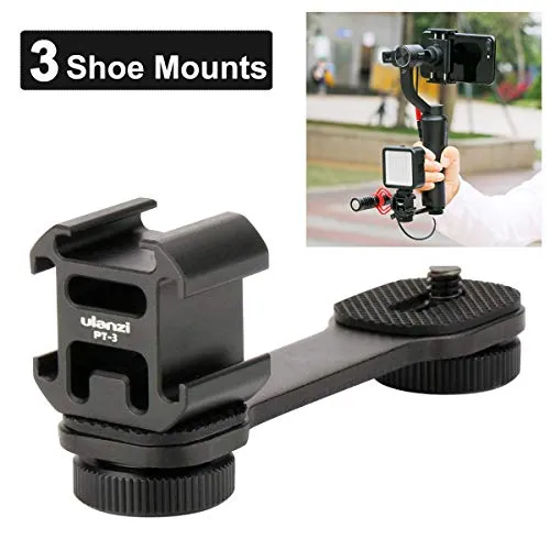 Sutefoto PT-3 3 in 1 Triple Cold Shoe Mounts Plate，Microphone Led Video Light Extension Stand Compatible for OSMO Mobile 2/Zhiyun Smooth 4/Feiyu Vimble 2 Gimbal Stabilizer