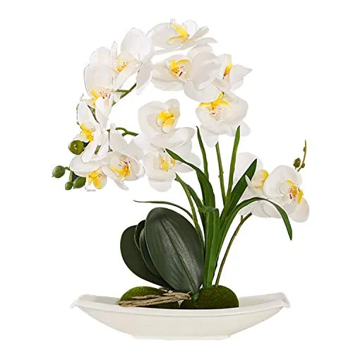 ENCOFT Phalaenopsis Fiori Orchidea pianta Finta con Vaso Artificiali Vaso di Orchidee Bonsai in Vaso con Vaso Arredamento per la casa Decorazione per la Festa Nuziale