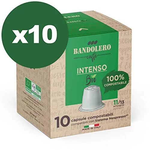 BANDOLERO 100 capsule compostabili Nespresso, caffè Intenso Bio, cialde compatibili Nespresso, Made in Italy, cialde compostabili, capsule compatibili Nespresso, in confezione salvafreschezza