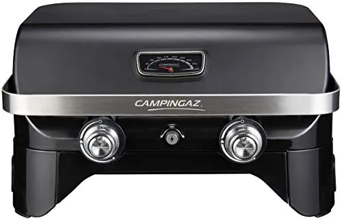 Campingaz Attitude 2100 LX griglia a gas, griglia da tavolo portatile, 2 bruciatori in acciaio, potenza di 5 kW, griglia a gas per campeggio con coperchio, termometro, griglia e plancha in ghisa