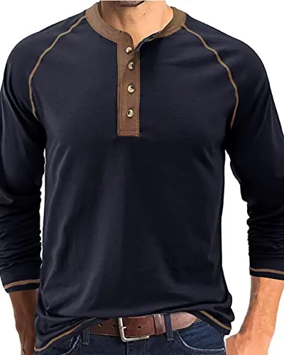 Maglietta da uomo a maniche lunghe Henley girocollo camicie scollo a V T-shirt da uomo casual aderente pulsante, Blu reale, XXL