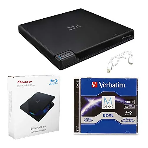 Pioneer BDR-XD07B Bundle unità esterna portatile per masterizzatore Blu-ray 6x con cavo M-DISC BDXL da 100 GB e cavo USB - Masterizza dischi CD DVD BD DL BDXL