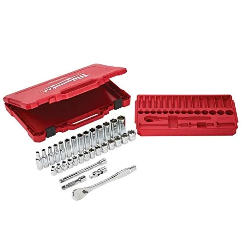 Milwaukee 932464945 - Set di bussole a cricchetto, 3/8", 32 pezzi, colore: Rosso