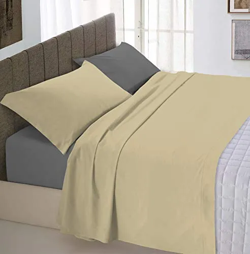 Italian Bed Linen Natural Color Completo Letto Double Face, 100% Cotone, Tortora/Fumo, Una Piazza e Mezza