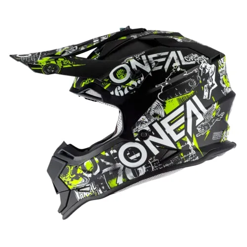 O'NEAL | Casco Motocross | Bambini | MX | Guscio ABS, Standard di sicurezza ECE 22.05, Prese d'aria per una ventilazione ottimali | 2SRS Helmet Attack Youth | Nero Giallo neon | Taglia S