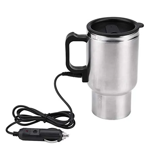 Aramox Bollitore elettrico da viaggio 12 V 450 ml, in acciaio inox, tazza da tè in auto, colore argento + nero