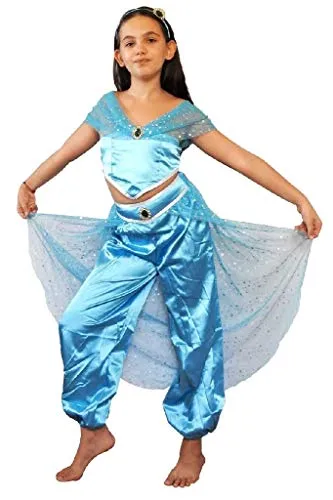 Costume Jasmine Da Bambina Principessa Araba Odalisca Travestimento Carnevale Cosplay Ottima Idea Regalo Colore Azzurro (Taglia 130) 6-7 Anni
