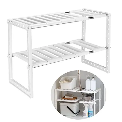 Qisiewell Scaffale Sotto Lavello Stoviglie Lavandino Cucina per Cucina Bagno Sotto Regolabile Modulabile Salvaspazio Deposito - 14 kg caricabili (Colore bianco)