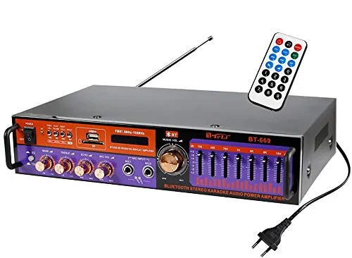 Vetrineinrete® Amplificatore bluetooth audio stereo hi-fi per musica equalizzatore EQ karaoke 2 ingressi microfono mp3 sd card usb mp3 FM con telecomando BT-669 C20