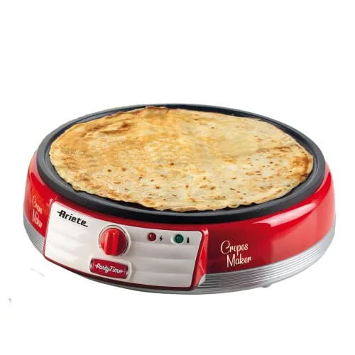 Ariete Crepes Maker Party Time 202, Crepiera Elettrica con Piastra Antiaderente, Piastra Elettrica per Crepes con Spatole e Stendi Impasto Incluse, 1000W, Rosso