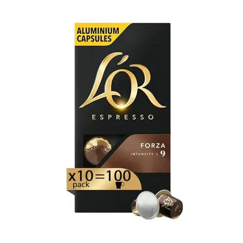 L'Or - Capsule Caffè Espresso Forza - 100 Capsule in Alluminio - Intensità 9 - Compatibili con Macchine Nespresso®* original - 10 Confezioni da 10 Capsule