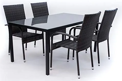 AVANTI TRENDSTORE - Arezzo - Set da Giardino Composto da Tavolo in Metallo con Superficie in Vetro e Quattro sedie impilabili in Rattan Sintetico (Set Grande)