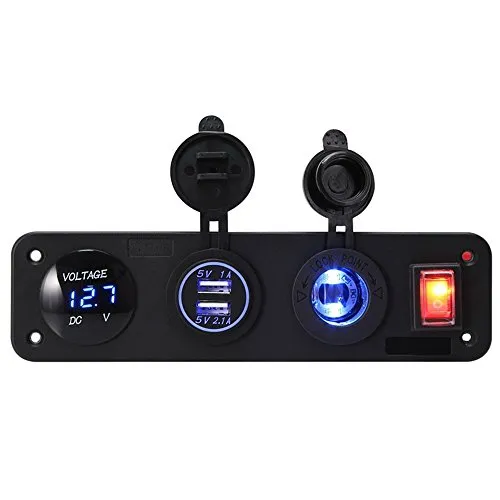 Meipire - Caricatore con doppia presa USB 2,1 A + 2,1 A + voltmetro a LED + presa da 12 V + interruttore ON/OFF a levetta, 4 funzioni, pannello per auto, barca, marina, camper, veicoli GPS, ecc.