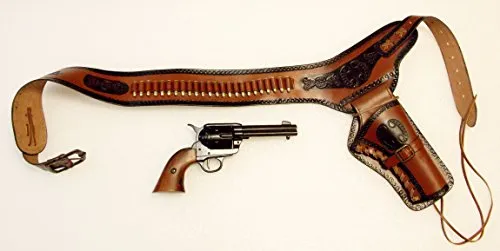 Cinturone con fondina per rivoltella, con 24 cartucce decorative in ottone e pistola modello Colt Peacemaker