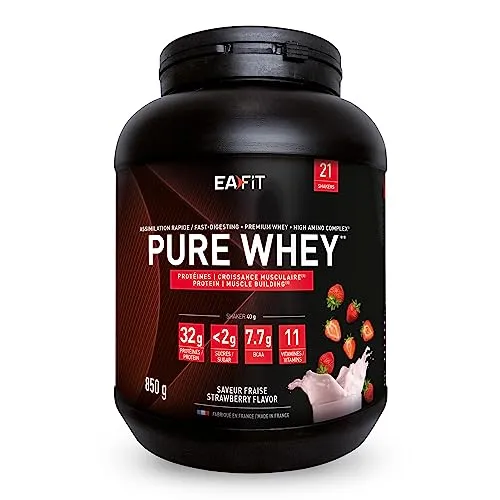 Pure Whey EAFIT | Proteine del Siero di Latte in Polvere | Gusto Fragola | Proteine WP tri-fonte | Aminoacidi Enzimi Digestivi | Sviluppo Muscolare | Assimilazione Rapida | Certif Anti-doping | 850g