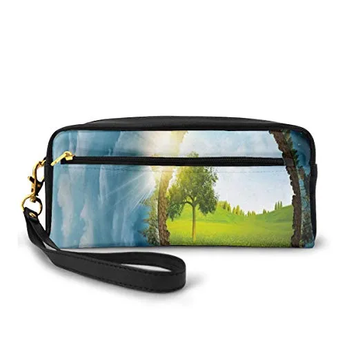 Pencil Case Pen Bag Pouch Stationary,Circular Frame With Endless Green Landscape Infinity Clouds Space,Small Makeup Bag Coin Purse