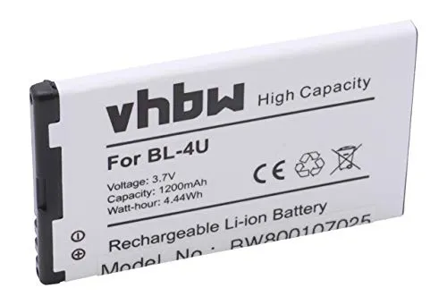 Batteria vhbw Li-Ion 1200mAh (3.7) per NOKIA C5-03, C5-04, C5-05, C5-06, C5-3, E66, E75, N515 sostituisce BL-4U, N4U85T, ecc.
