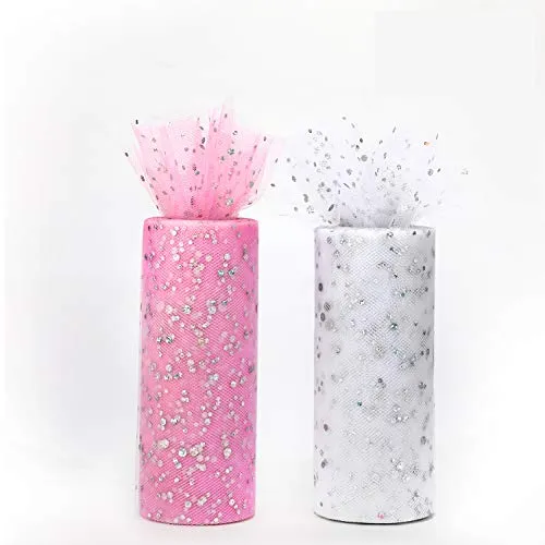 Howaf 2 Roll 45m Glitter Tulle Rotolo Bianco e Rosa, Nastro Tulle, Bobina di Tulle per Fai da Te Bomboniere Confetti Matrimonio Festa Decorazione Tavolo Sedia Tutu Banchetto Craft Floreal