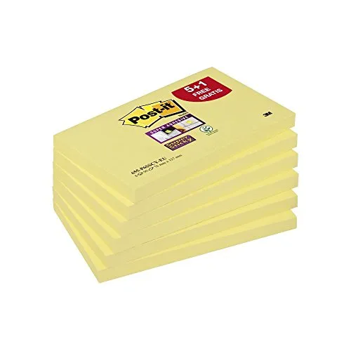 Post-it Super Sticky Foglietti Adesivi Rettangolari, Set di 6 Blocchetti Adesivi da 90 Foglietti Gialli, 6 Blocchetti Memo Adesivi, 540 Fogli Adesivi, Colore Giallo Canarino, Dimensione 76 x 127 mm