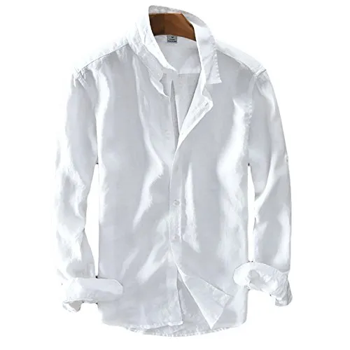 Icegrey Camicia Uomo Camicie di Lino a Maniche Lunghe Camicie da Spiaggia Bianco 56