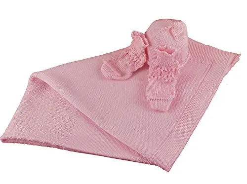 Copertina in Lana Merino per Neonati con Babbucce e Cappello, Prodotto Artigianale, Made in Italy (Rosa)