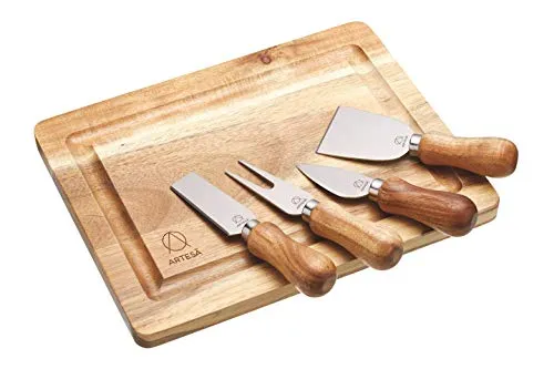 Kitchen Craft Master Class 25,5 x 20 x 1 cm, in Legno Acacia Tagliere per Formaggi Artesa-Set di 4 coltelli da Formaggio, Acciaio Inox, Colore: Multicolore