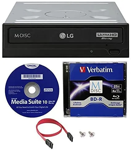 LG WH16NS60 - Unità disco M-Disc Blu-ray BDXL con riproduzione Ultra HD 4K, con 25 GB Verbatim M-Disc BD-R, Cyberlink e cavo