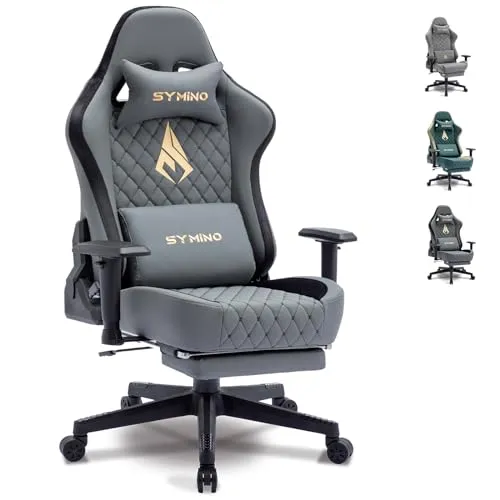 symino Sedia da gaming in tessuto traspirante, sedia da ufficio, ergonomica, in PC, stile racing, con braccioli 3D, sedia girevole regolabile con poggiapiedi (grigio)