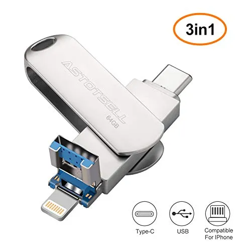 ASTOTSELL 64 GB 3-in-1 USB Flash Drive, PenDrive Memoria di archiviazione Espansione USB Stick Compatibile per iPhone, Android, Windows (64GB)