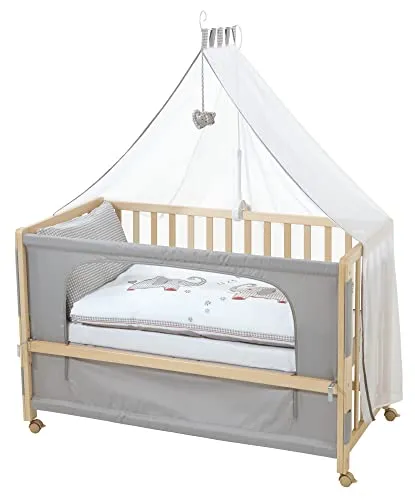 roba Lettino Co-Sleeping Jumbo twins, per Neonati e Bambini, 60 x 120 cm, Biancheria per Lettino Inclusa, si Aggancia al Letto dei Genitori, 6 Altezze Regolabili, Legno Naturale