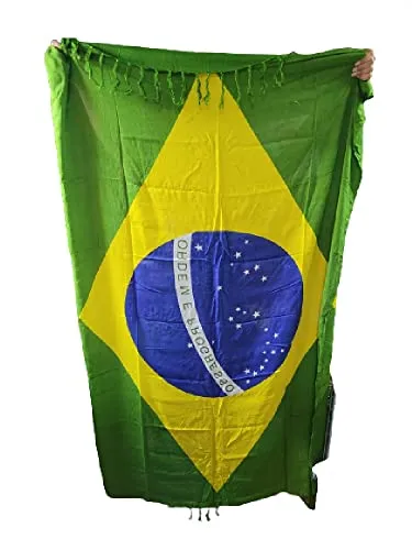 Generico Pareo Mare Bandiera Brasile fiore in Cotone Rayon,165x120 cm con Frange in Omaggio amuleto Portachiavi Corno