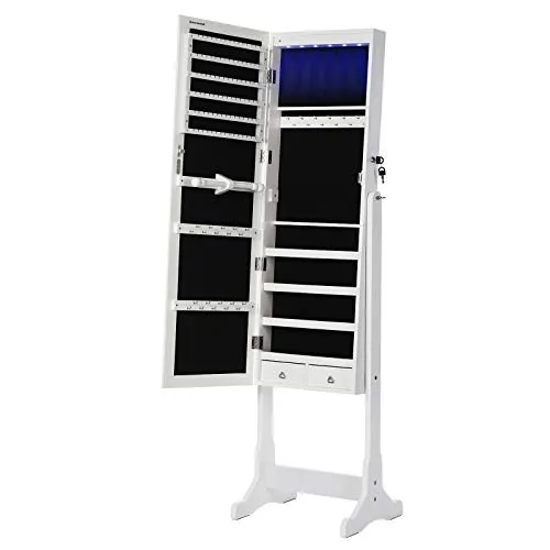 SONGMICS Armadio Portagioie con Luce a LED, Specchiera, Armadietto per Gioielli Bloccabile con Chiavi, 2 Cassetti, Bianco JBC94W