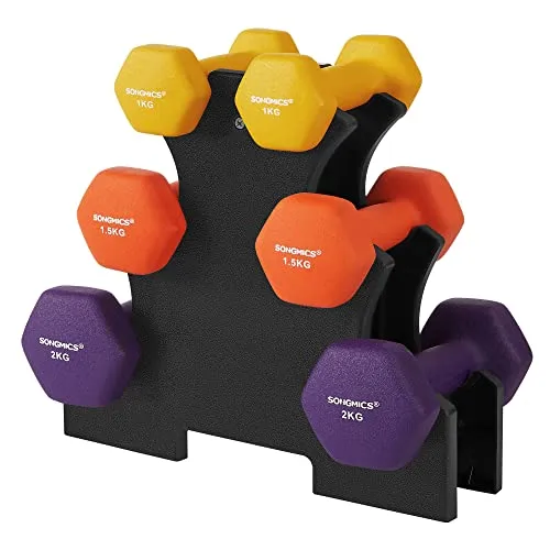 SONGMICS Set di Manubri Esagonali con Stand, 2 x 1 kg, 2 x 1,5 kg, 2 x 2 kg, Finitura in Vinile, Pesi per Esercizi Allenamento, Palestra a Casa, Giallo, Arancione e Viola SYL69BK