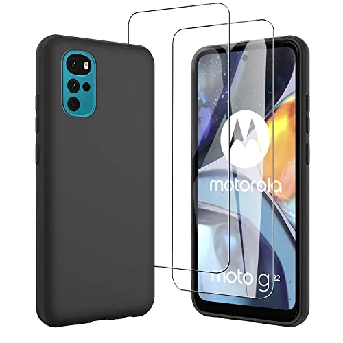 JDXHFF Cover Compatibile con Motorola Moto G22 4G (6.5") e 2 Pezzi Pellicola Protettiva in Vetro Temperato - Nero Morbido Silicone Custodia Protettivo TPU Protezione Case Black