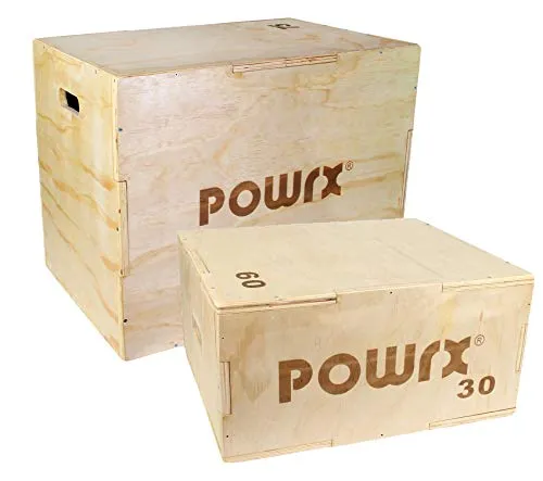 POWRX Box pliometrico in legno 3 in 1 - Plyo box ideale per esercizi di »pliometria« ed incremento della forza esplosiva - Superficie antiscivolo e maniglie per trasporto + PDF workout (Medium/60 x 50 x 30 cm)