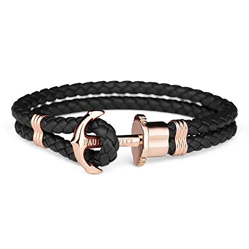 Paul Hewitt PHREP - Bracciale Donna ad Ancora - Bracciali Donna in Pelle (Nero) con Ciondolo Ancora in Acciaio Inossidabile (Oro Rosato)