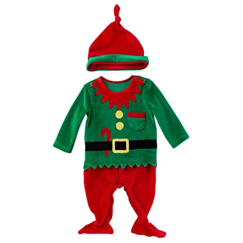 NUOBESTY Set Completo da Elfo di Natale per Bambina Neonato Costume da Elfo Pagliaccetto Divertente con Cappello Taglia 73Cm