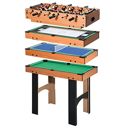HOMCOM Tavolo Multi gioco 4 in 1 con Calcio Balilla, Hockey da Tavolo, Ping Pong e Biliardo in Legno MDF, 87 x 43 x 73cm