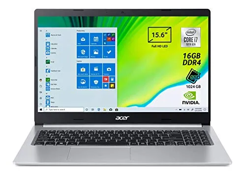 Acer Aspire 5 A515-54G-7768 Notebook con Processore Intel Core i7-10510U, Ram 16 GB DDR4, 1024GB PCIe NVMe SSD, Display 15.6" FHD LED LCD, NVIDIA GeForce MX250 2GB, Windows 10 Home, Silver