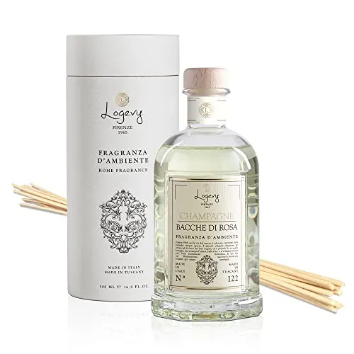 Logevy Firenze 1965 Champagne e Bacche di Rosa Home Fragrance Diffuser – Floral & Fruity Notes in Glass Bottle with 12 Natural Bamboo Reeds – 500ml
