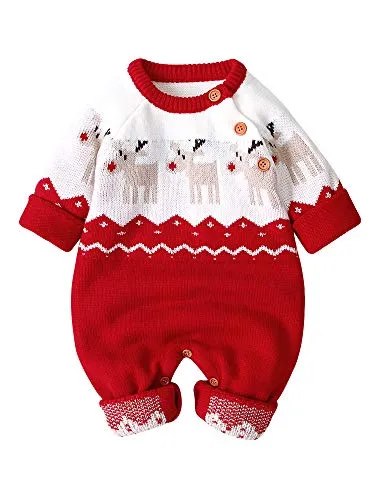 Geagodelia Pagliaccetto Neonato per Natale a Maniche Lunghe Tuta Bimbo Lavorato a Maglia Invernale 0-18 Mesi Motivo Cervo Unisex (Rosso, 0-3 Mesi)