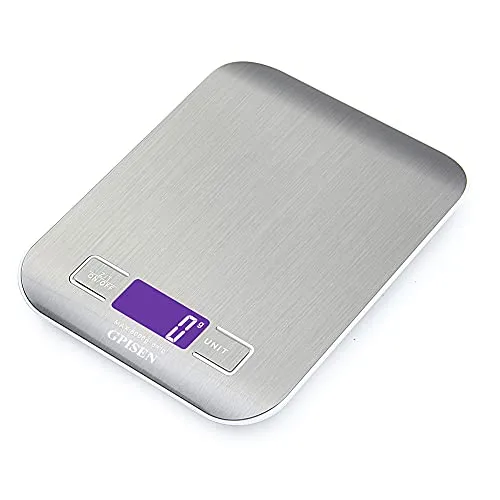 GPISEN Bilancia da Cucina Smart Digitale con Funzione Tare,5kg/11 lbs Professionale Acciaio Inox Alta Precision Bilancia Elettronica per la Casa e la Cucina,Argento,(2 Batteries Incluse)